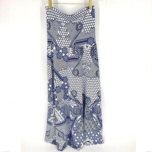 Amy Matto Strapless Midi Dress Blue White Pattern Size Large